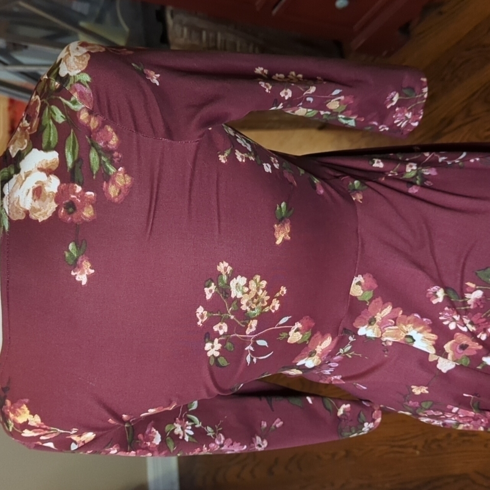 Burgundy Dress Hi low v neck knit wrap side tie Fairycore floral Feminine sz S - Picture 6 of 10